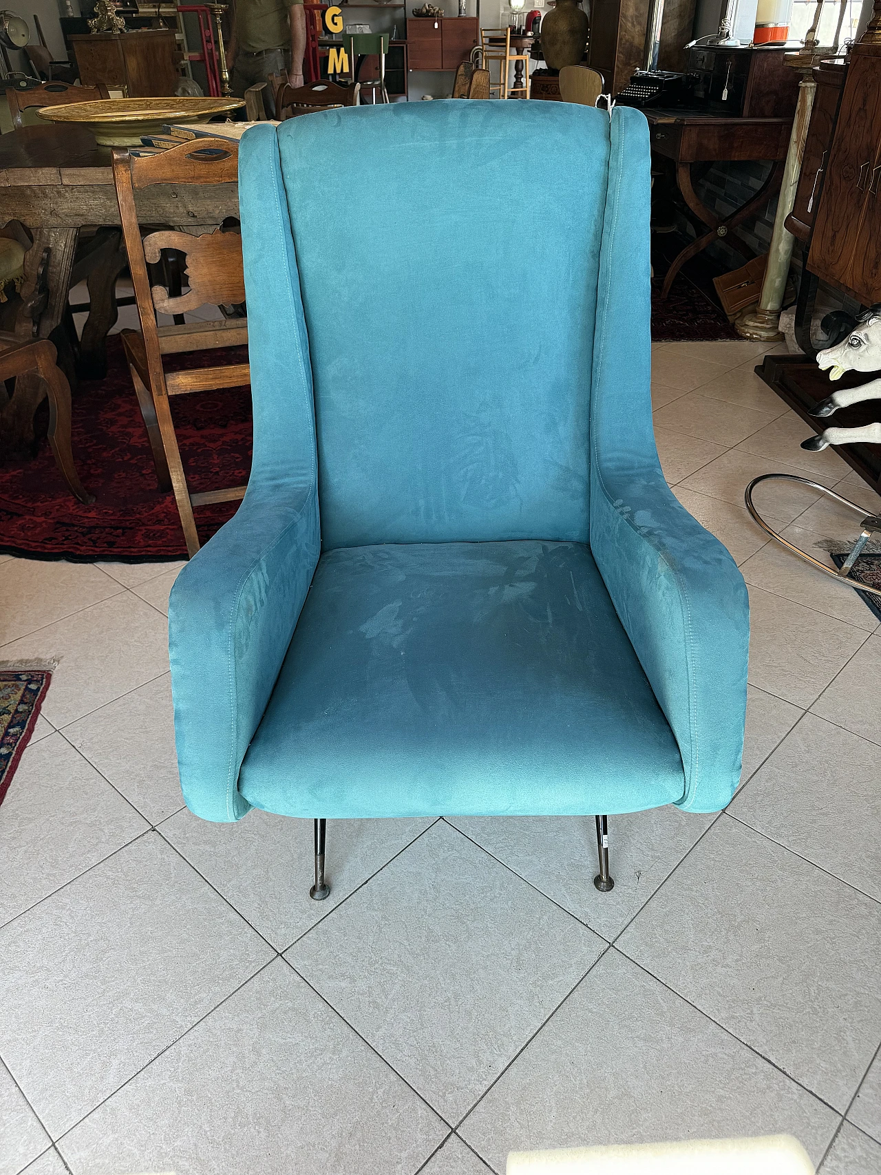 Blue armchair with brass feet attributed to A. Morbelli, 1960s 6