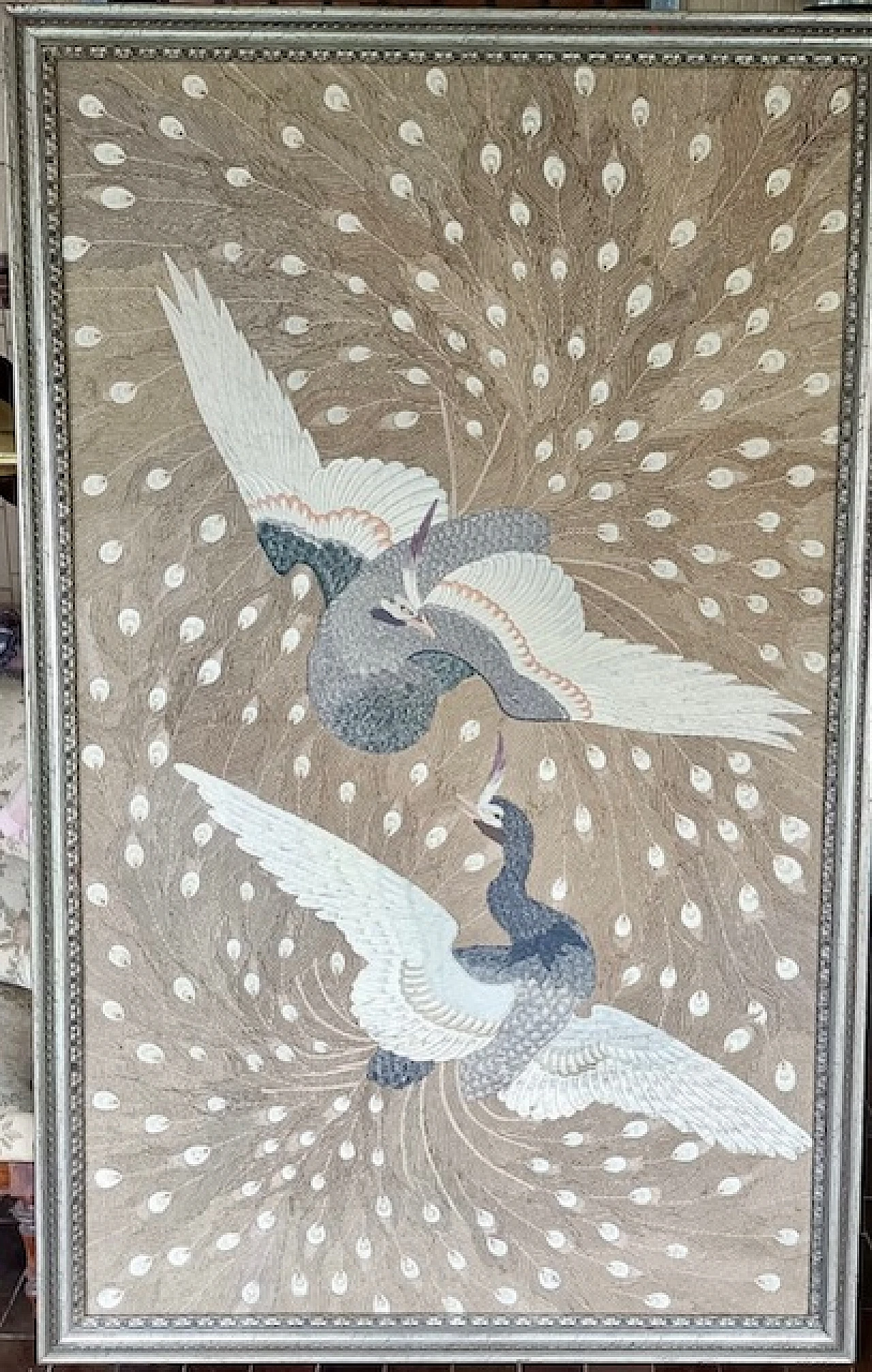 Oriental fabric panel with peacocks, 1960s 1