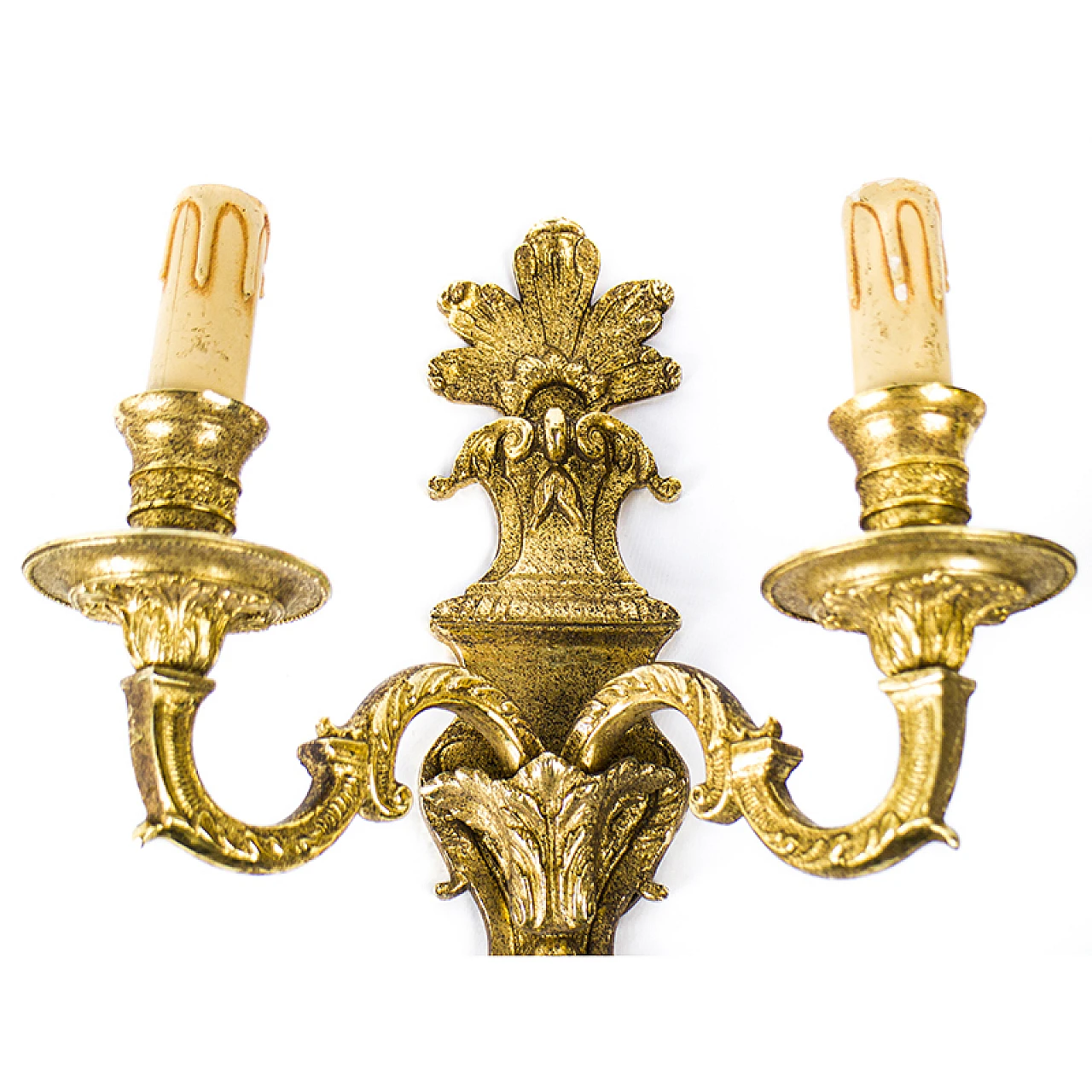 Pair of golden brass wall sconces in Baroque style, 1950s 4