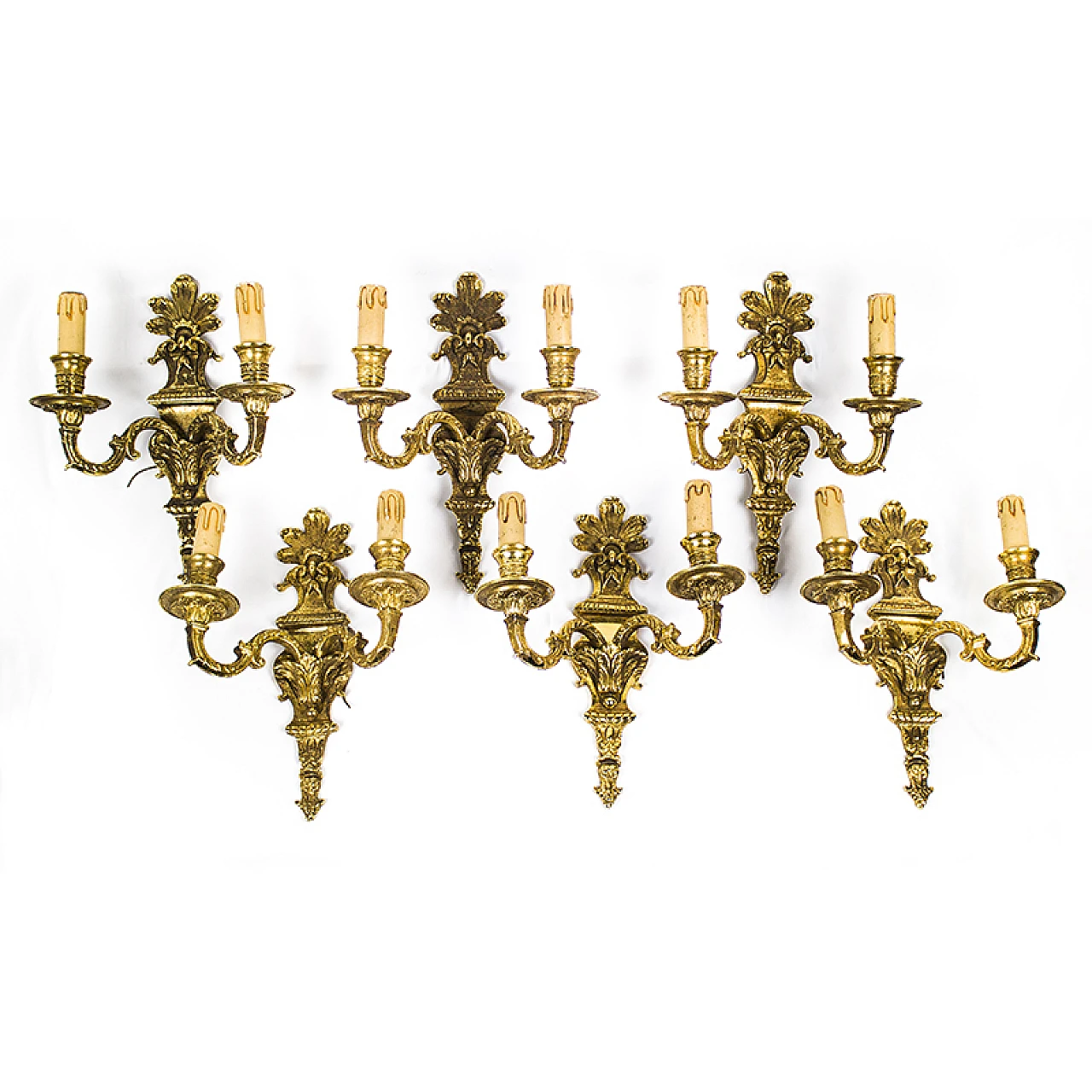 Pair of golden brass wall sconces in Baroque style, 1950s 5