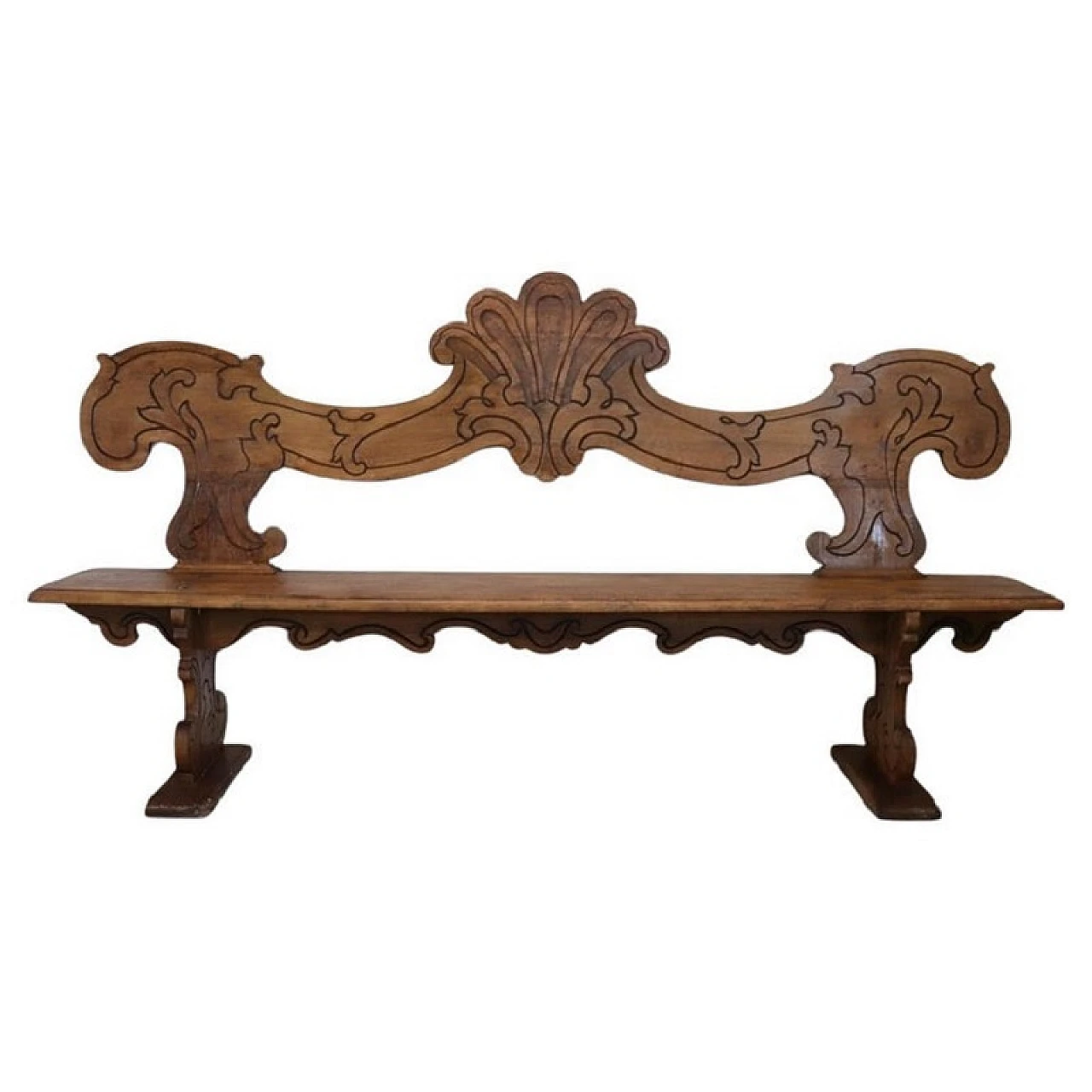 Carved solid walnut wood bench, 19th century 1