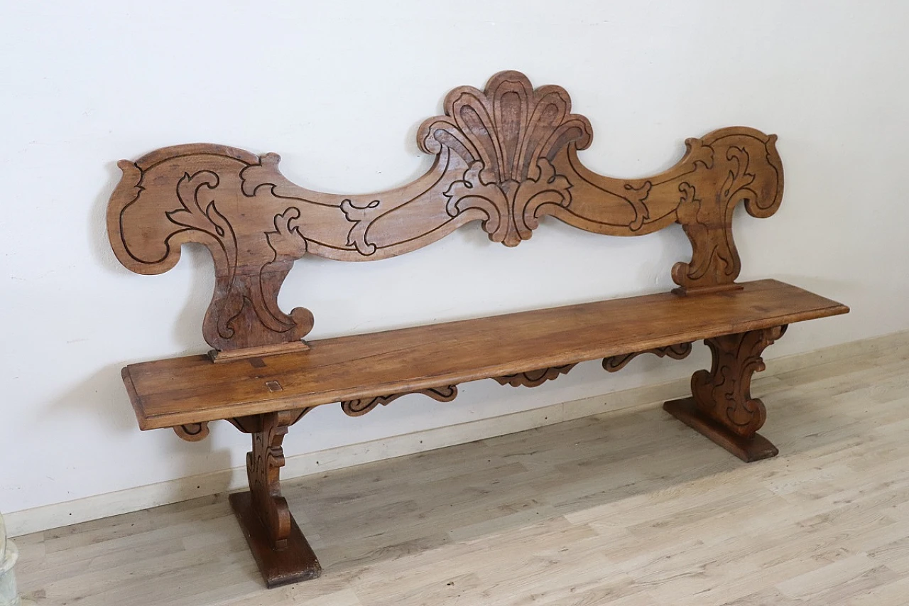 Carved solid walnut wood bench, 19th century 2