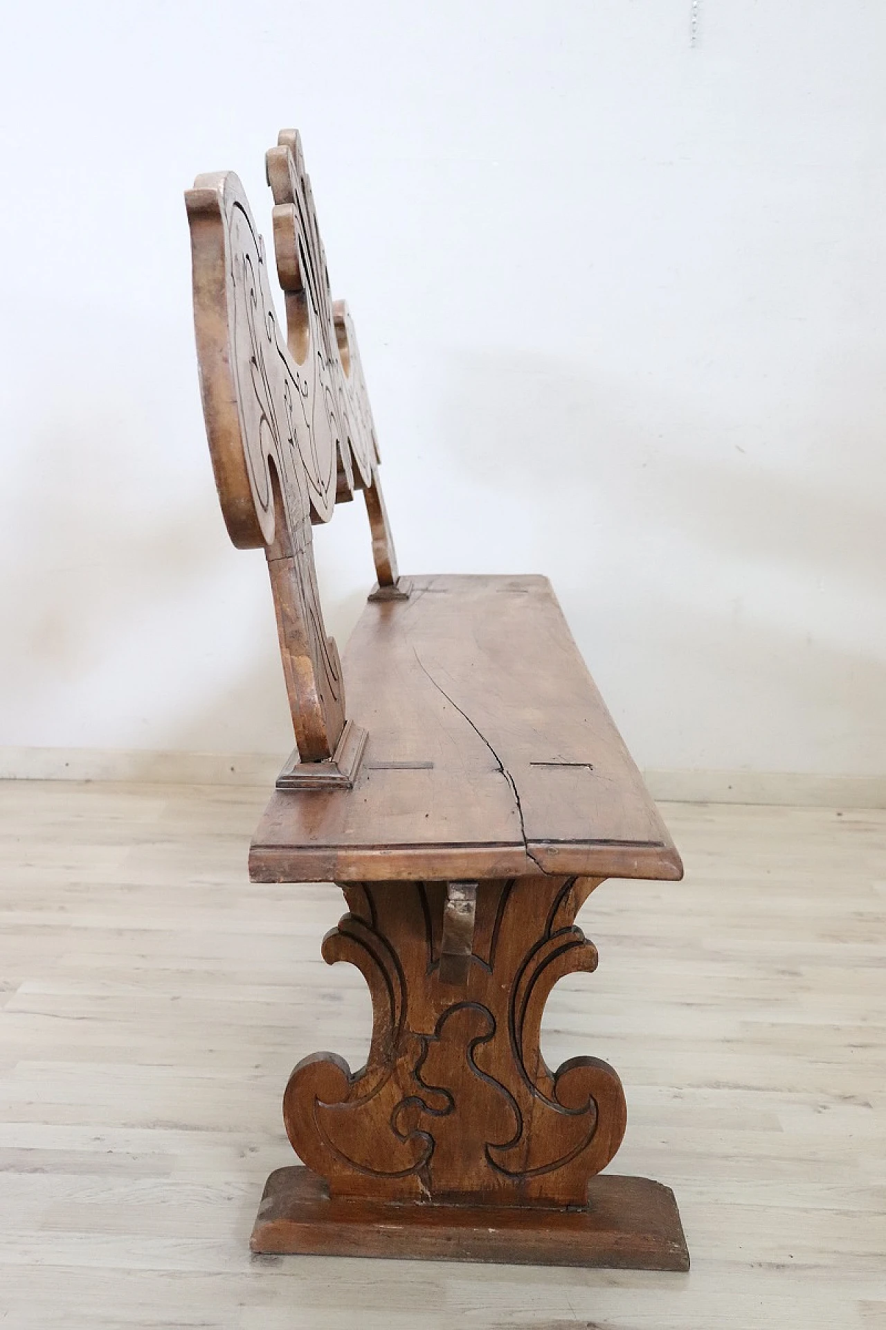 Carved solid walnut wood bench, 19th century 7