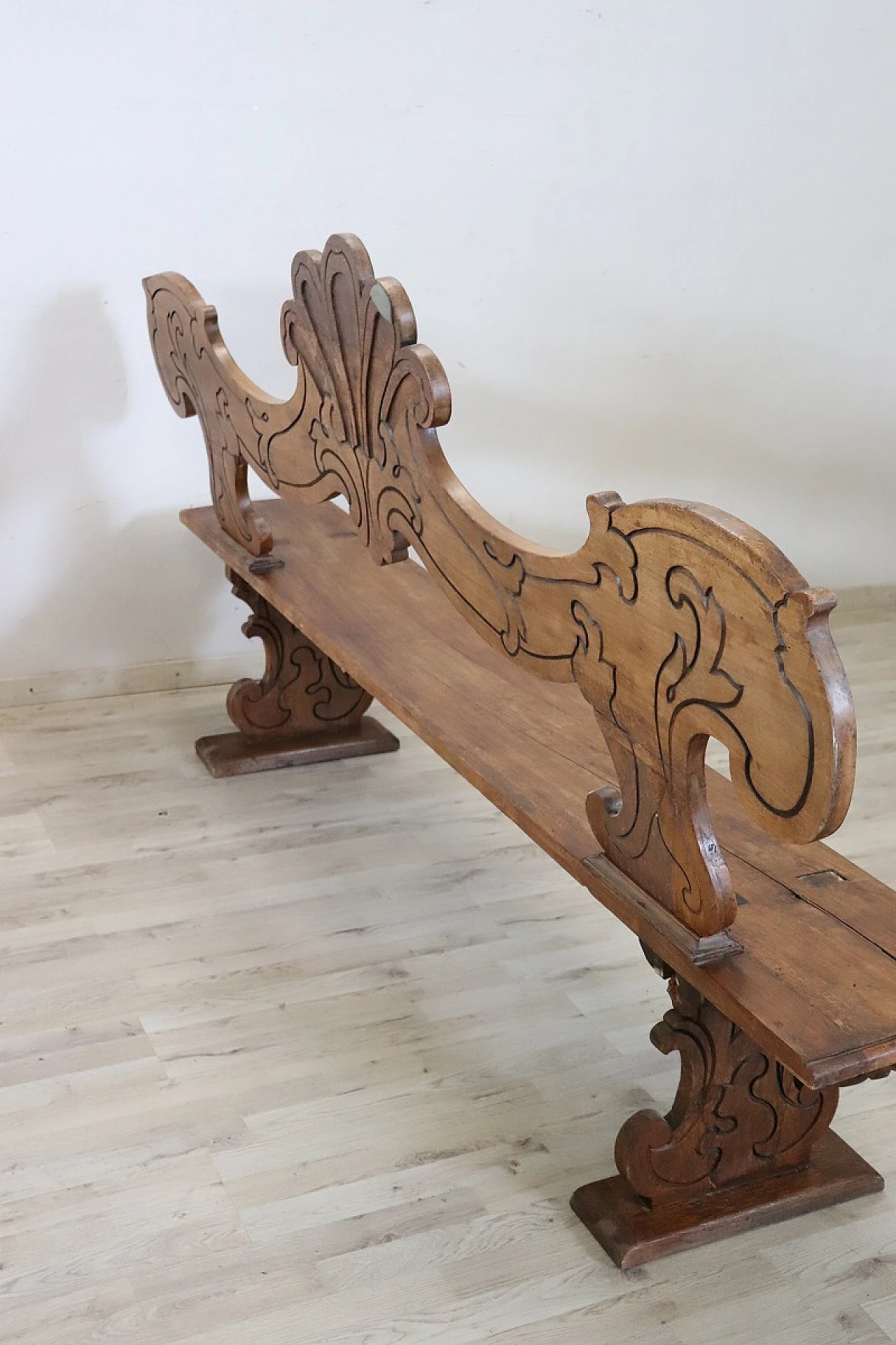 Carved solid walnut wood bench, 19th century 9