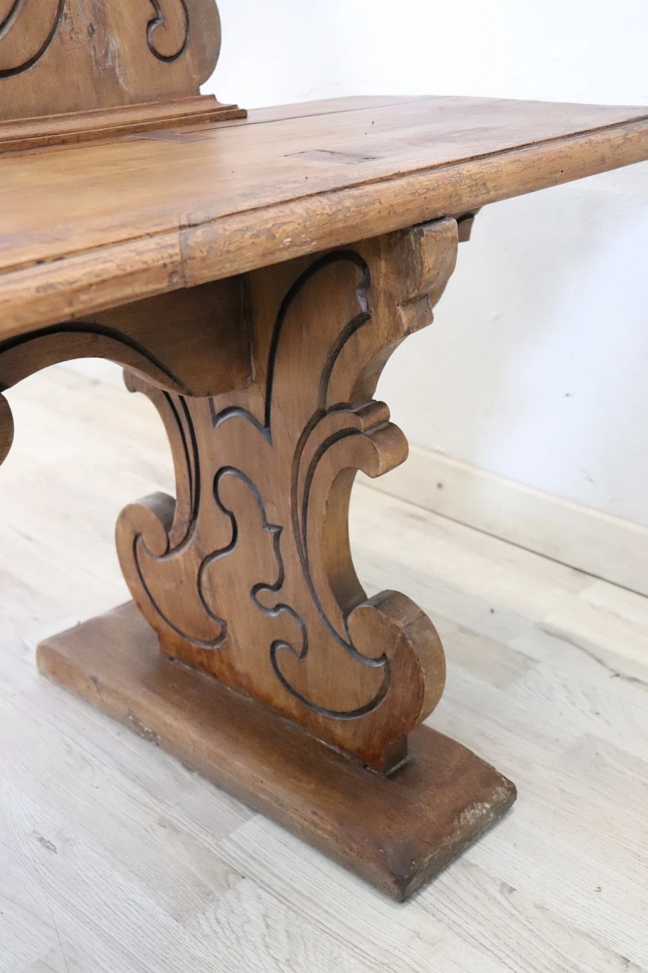 Carved solid walnut wood bench, 19th century 10