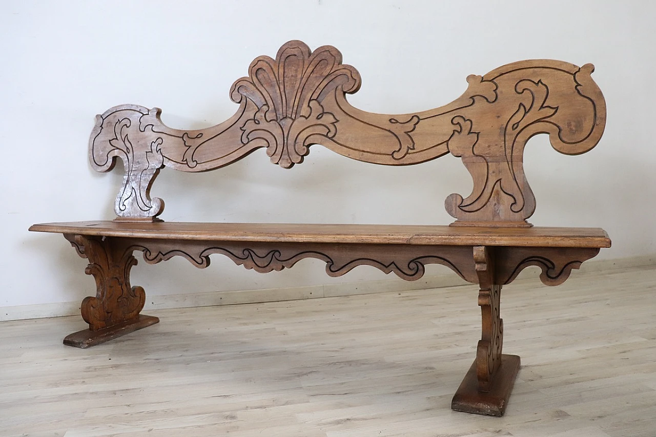 Carved solid walnut wood bench, 19th century 11