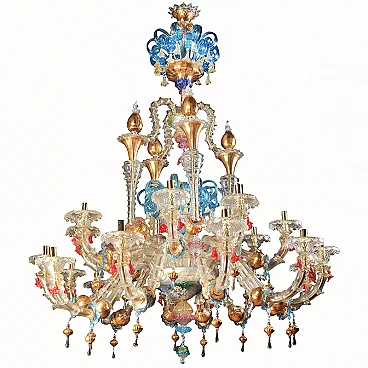 Rezzonico style chandelier in multicolored glass, 1930s