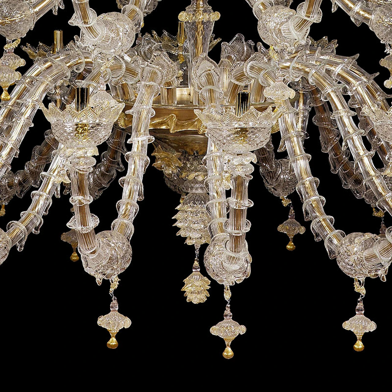 Rezzonico chandelier in glass & gold crystal decorations, 1920s 3