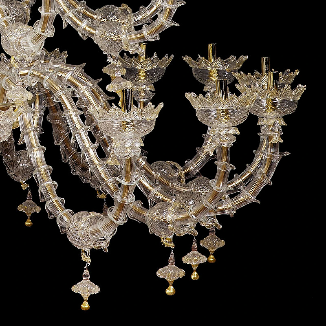 Rezzonico chandelier in glass & gold crystal decorations, 1920s 4