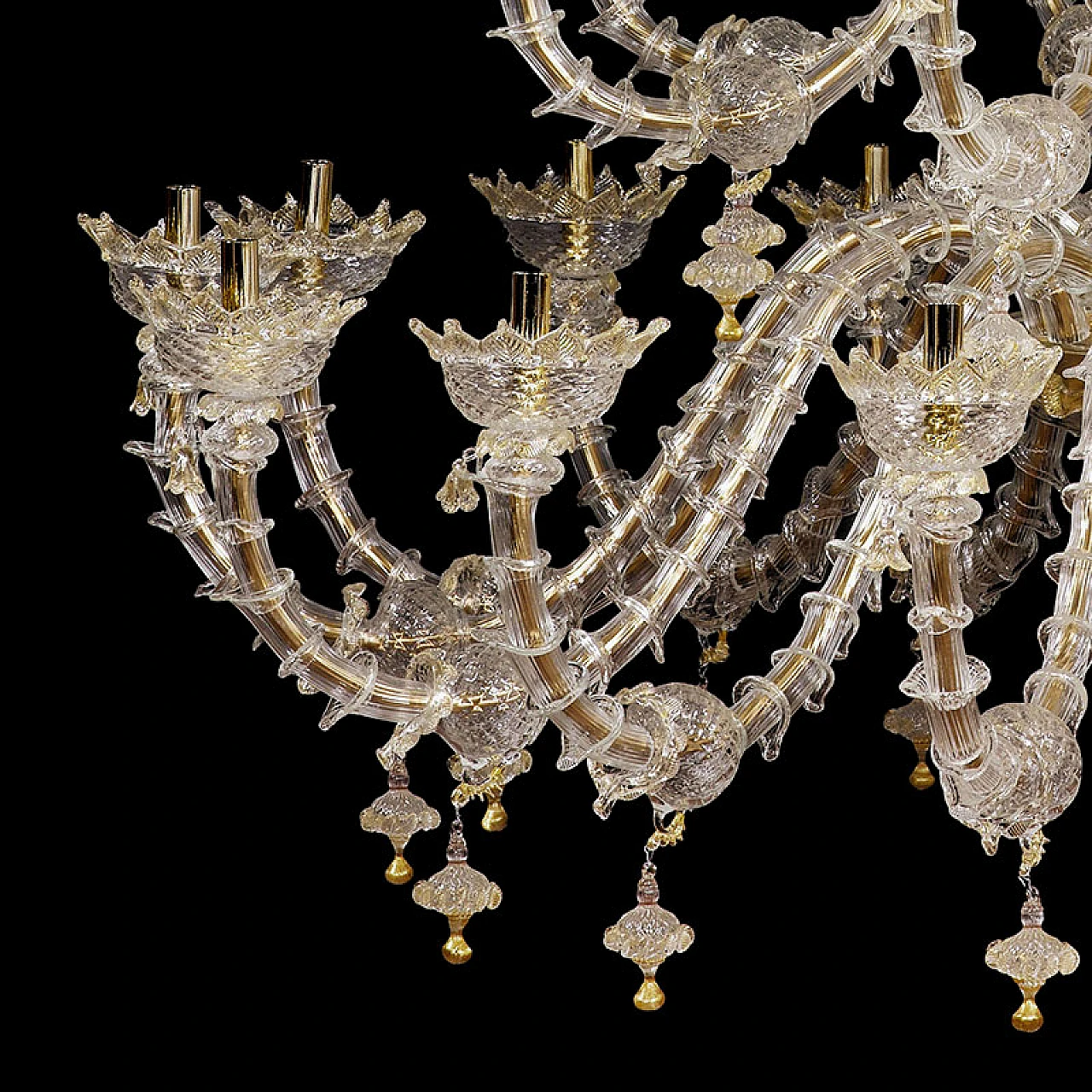 Rezzonico chandelier in glass & gold crystal decorations, 1920s 5