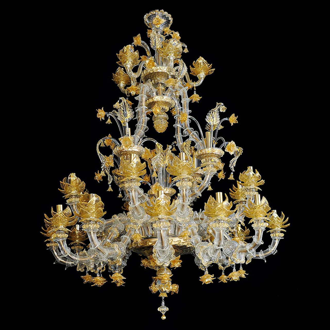 Rezzonico style chandelier crystal & gold Murano glass, 1930s 2