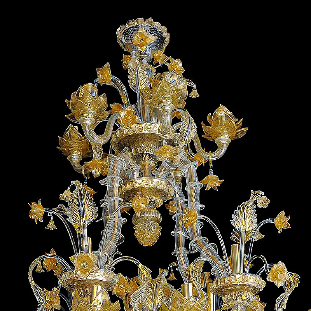 Rezzonico style chandelier crystal & gold Murano glass, 1930s 3