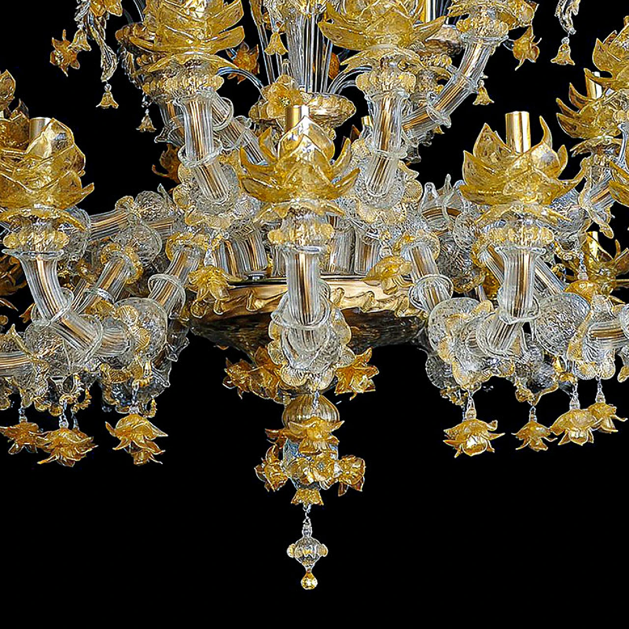 Rezzonico style chandelier crystal & gold Murano glass, 1930s 4