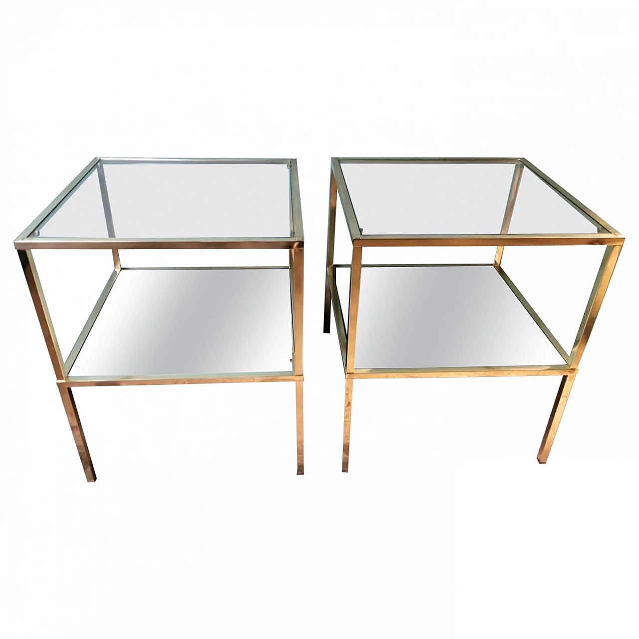 Pair of brass coffee tables with glass tops and mirror, 1970s 1