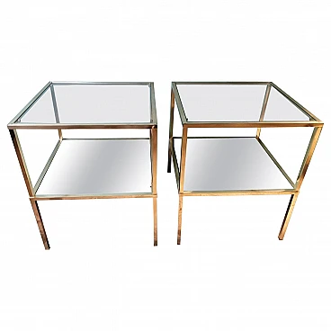 Pair of brass coffee tables with glass tops and mirror, 1970s