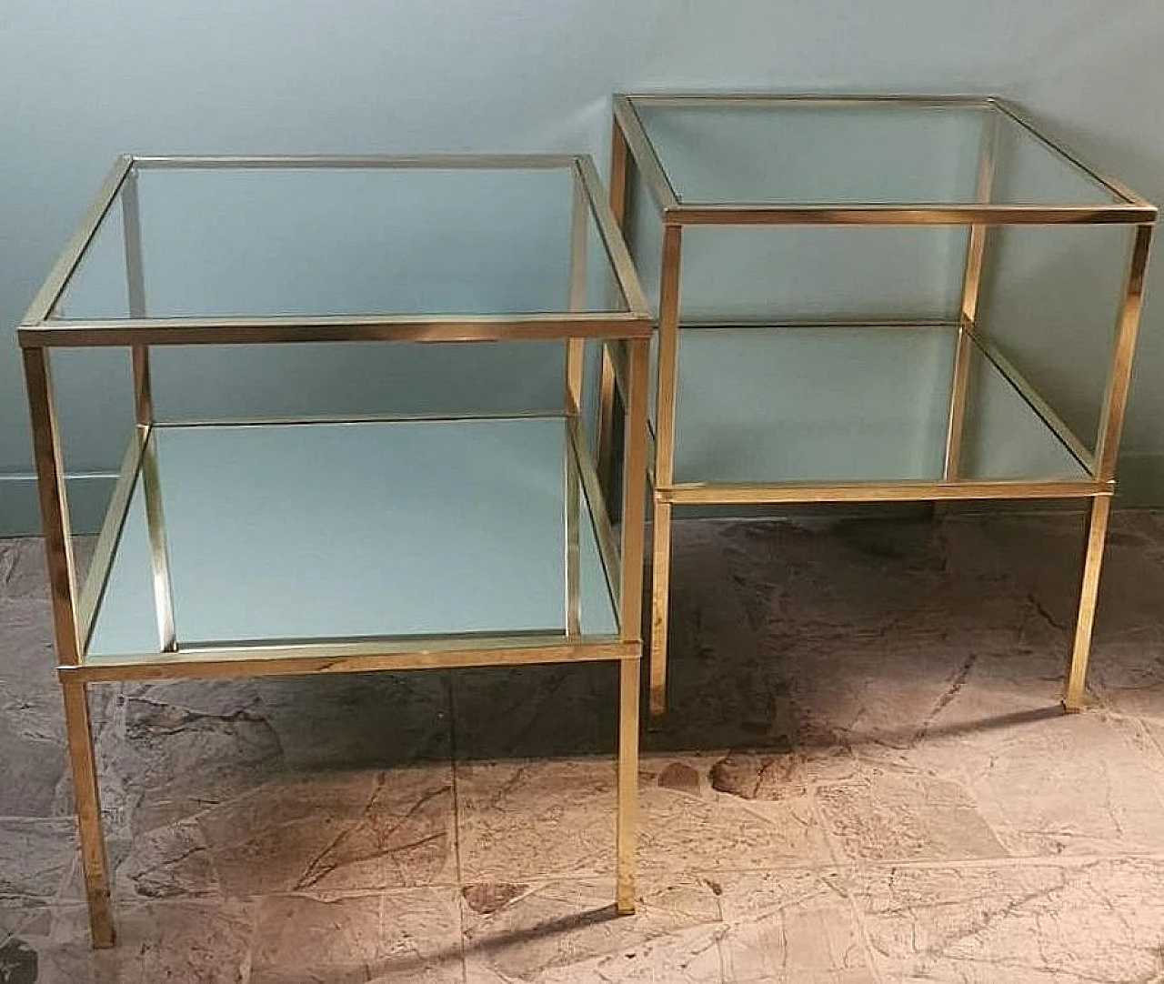 Pair of brass coffee tables with glass tops and mirror, 1970s 4