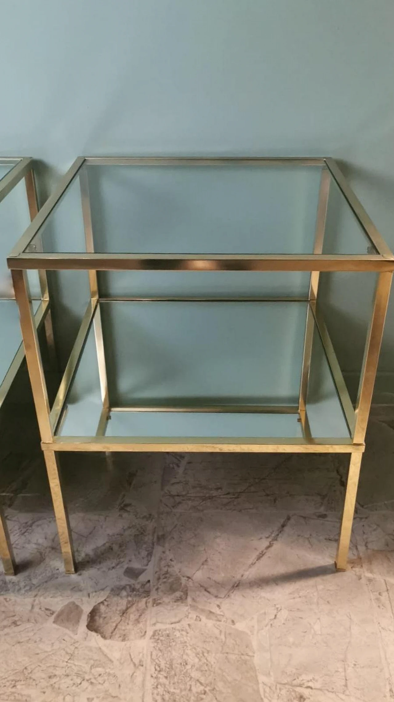 Pair of brass coffee tables with glass tops and mirror, 1970s 10