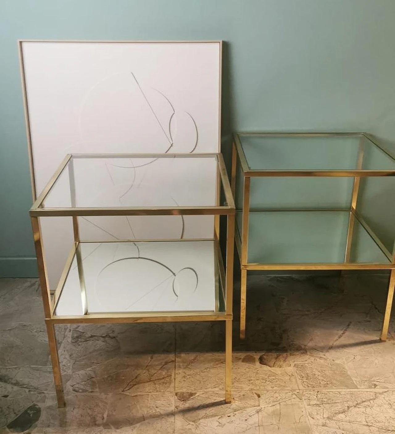 Pair of brass coffee tables with glass tops and mirror, 1970s 19