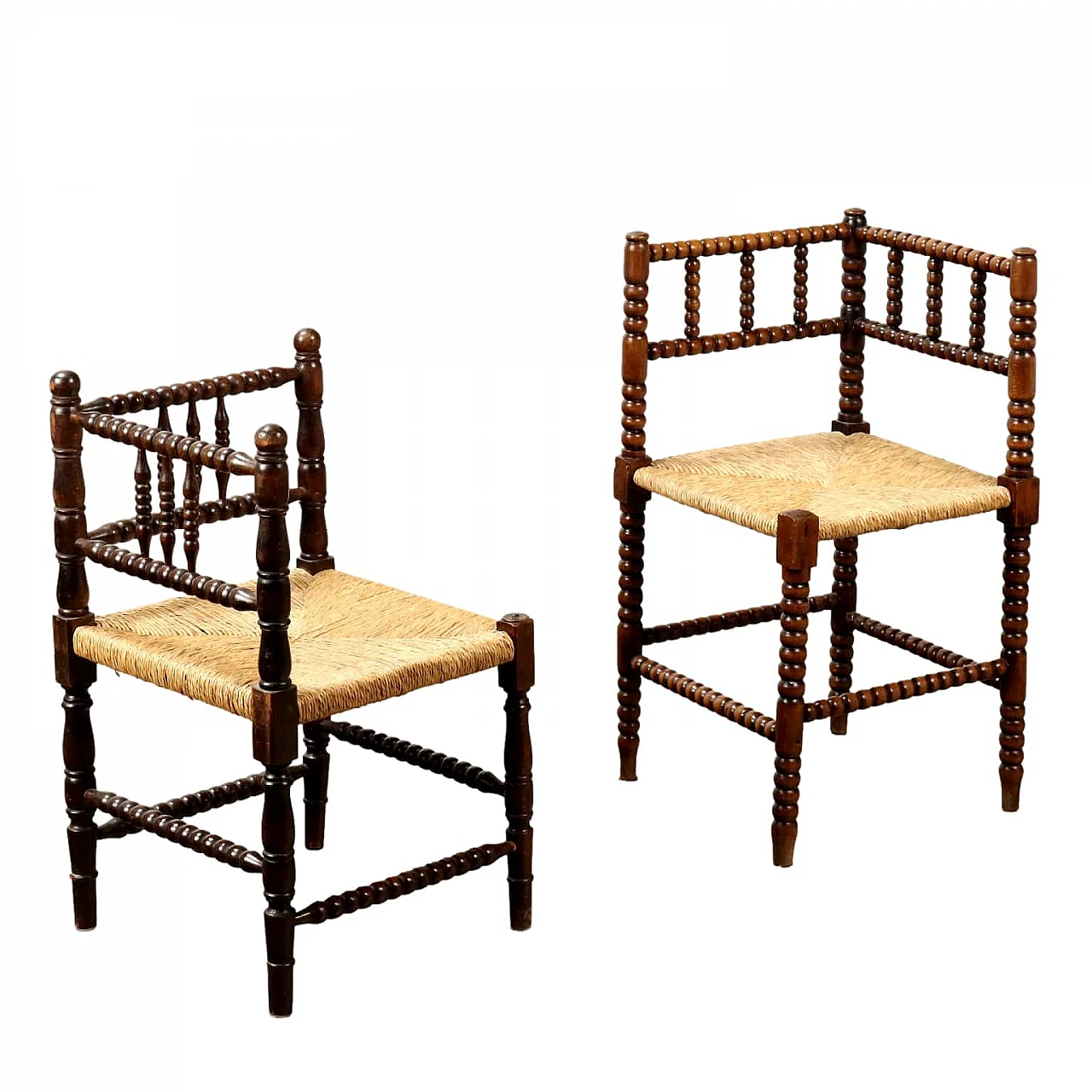 Pair of turned beech corner chairs with straw seat 1