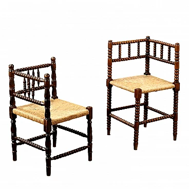 Pair of turned beech corner chairs with straw seat