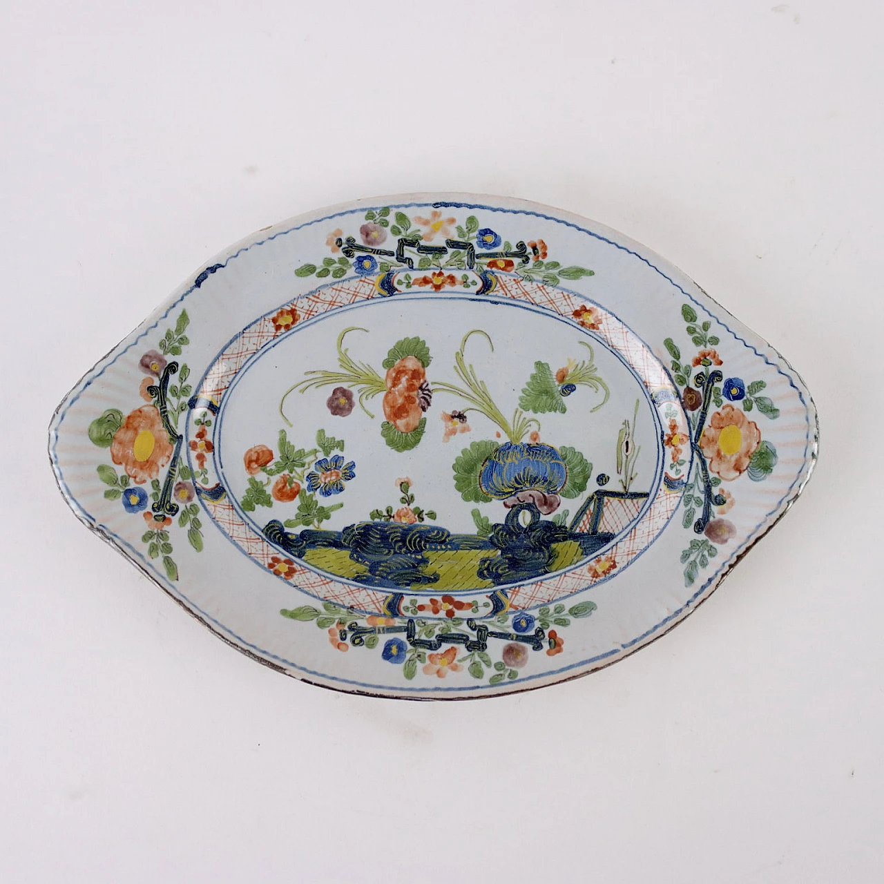 Salsiera ovale con piatto in maiolica policroma di Ferniani, '800 3