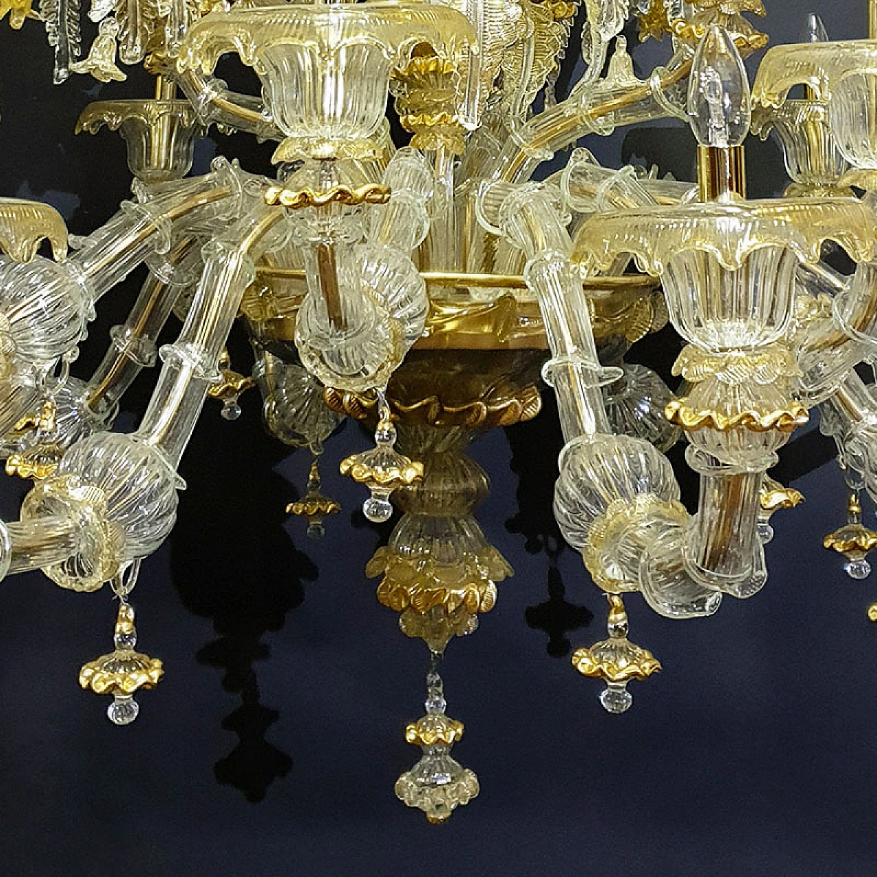 Rezzonico style Murano glass chandelier in gold crystal, 1940s 3