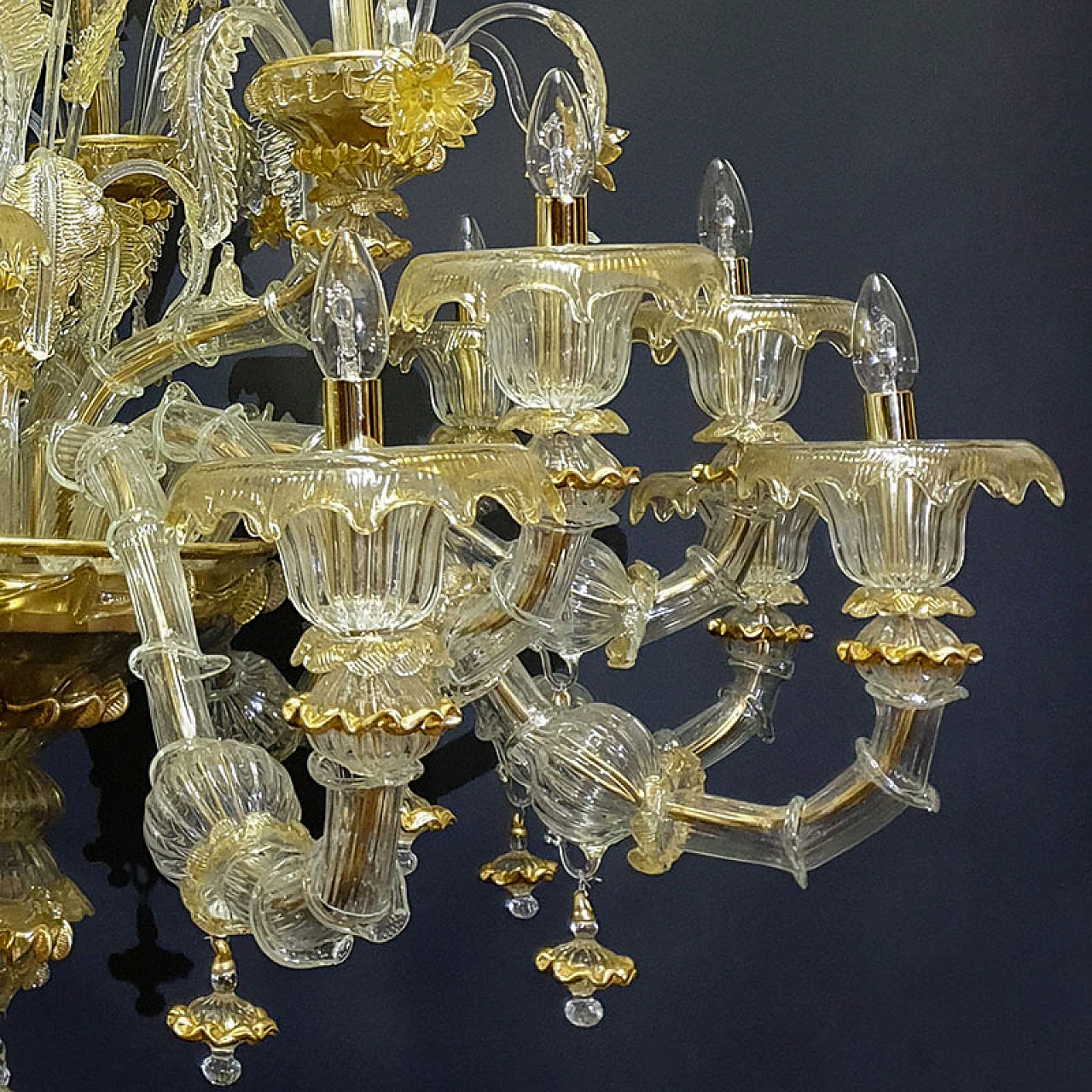 Rezzonico style Murano glass chandelier in gold crystal, 1940s 4