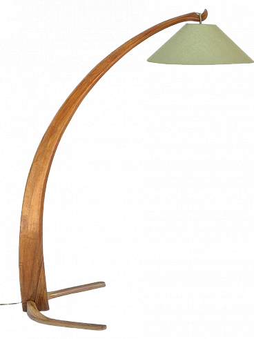 Arc floor lamp with cherry wood structure & fabric lampshade, 1940s