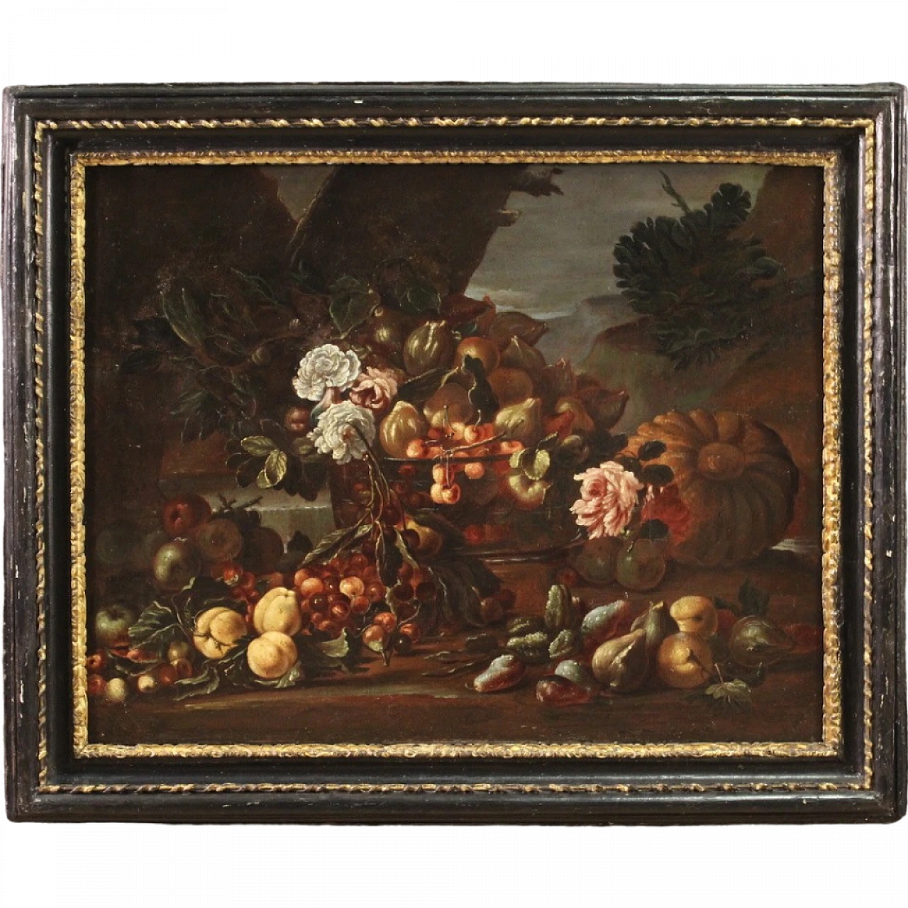 Still life with flowers and fruit, oil on canvas, 17th century 16