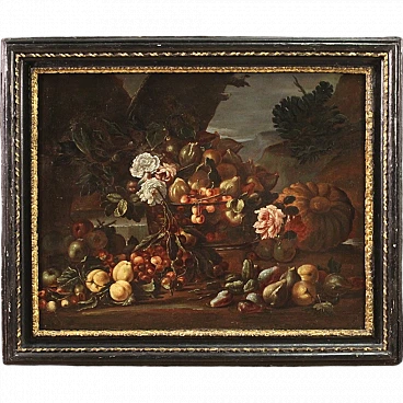 Still life with flowers and fruit, oil on canvas, 17th century