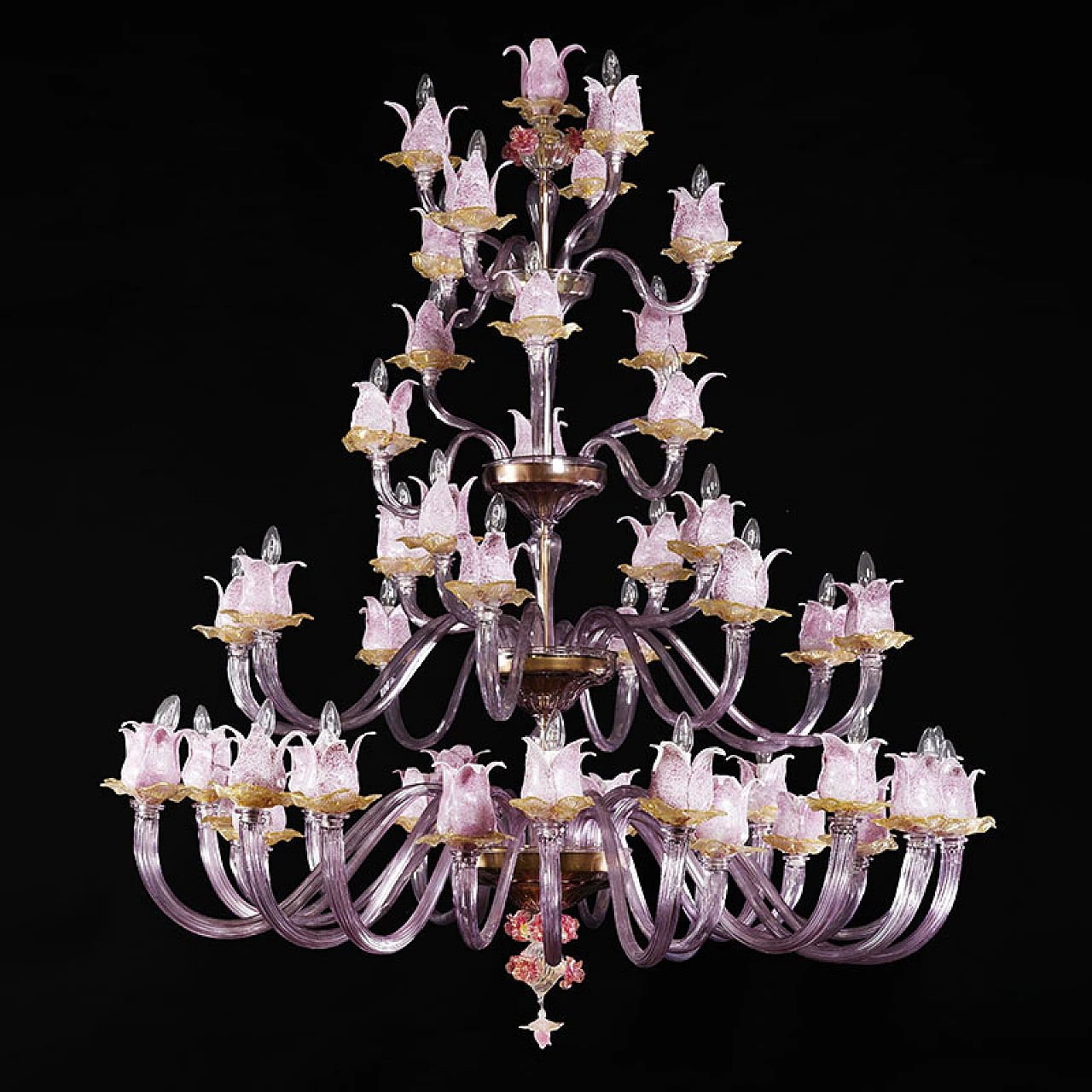 Magnolia chandelier in pink & amber Murano glass, 1940s 2