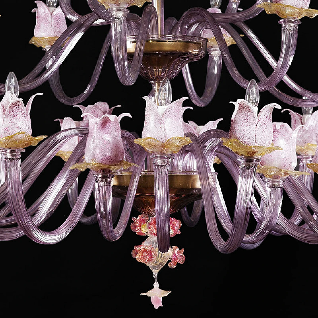 Magnolia chandelier in pink & amber Murano glass, 1940s 3