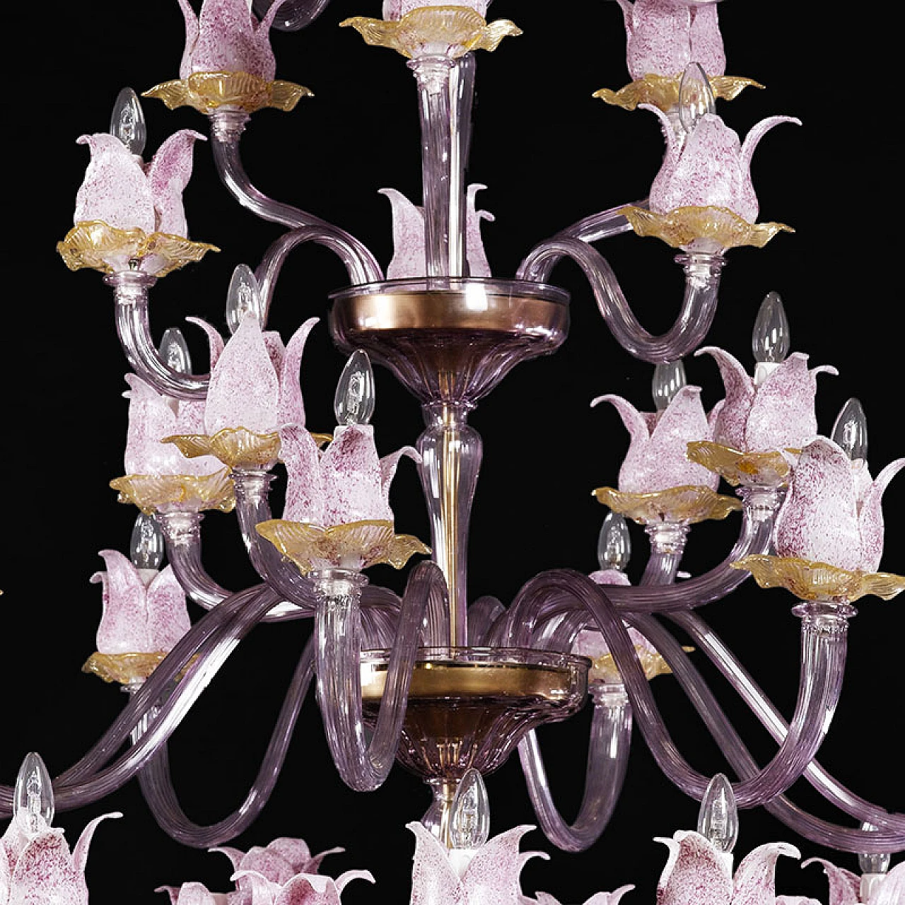 Magnolia chandelier in pink & amber Murano glass, 1940s 4