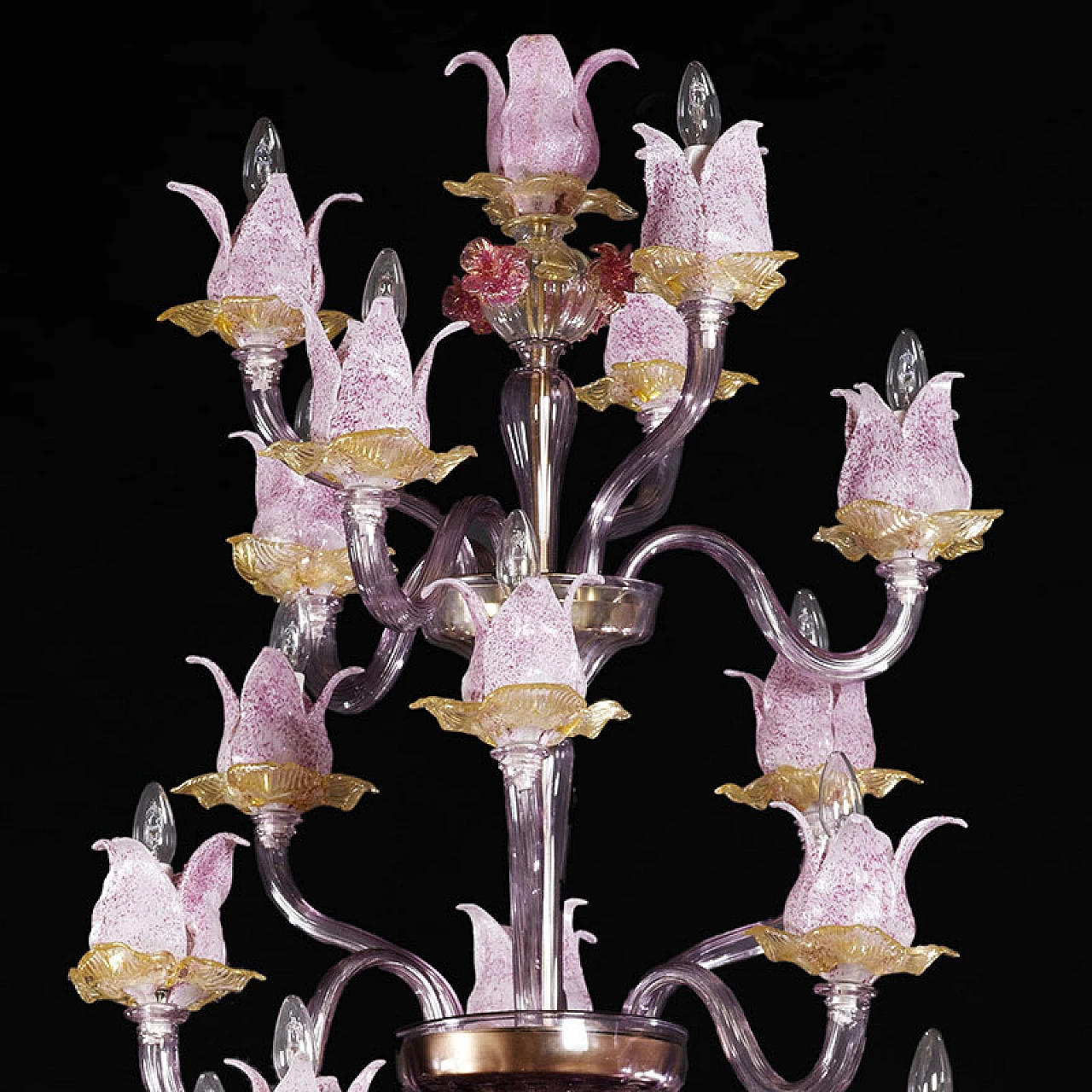 Magnolia chandelier in pink & amber Murano glass, 1940s 5