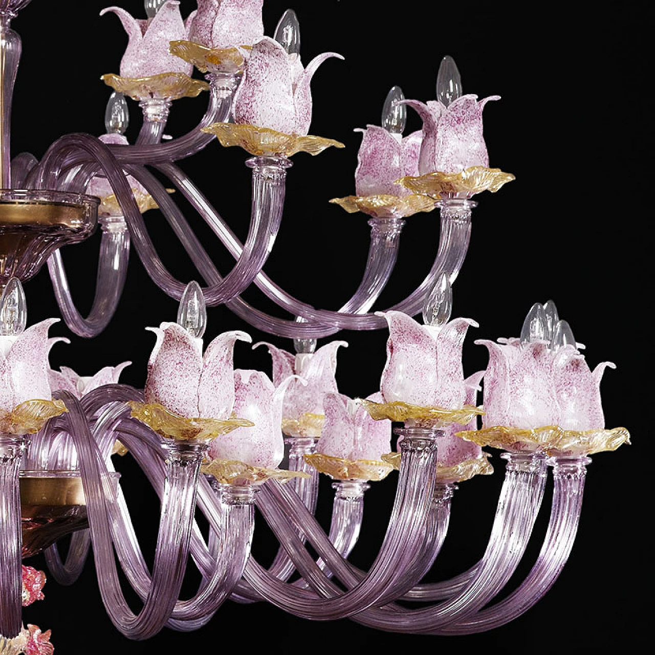 Magnolia chandelier in pink & amber Murano glass, 1940s 6