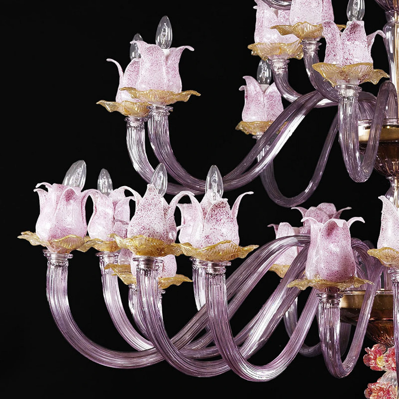 Magnolia chandelier in pink & amber Murano glass, 1940s 7