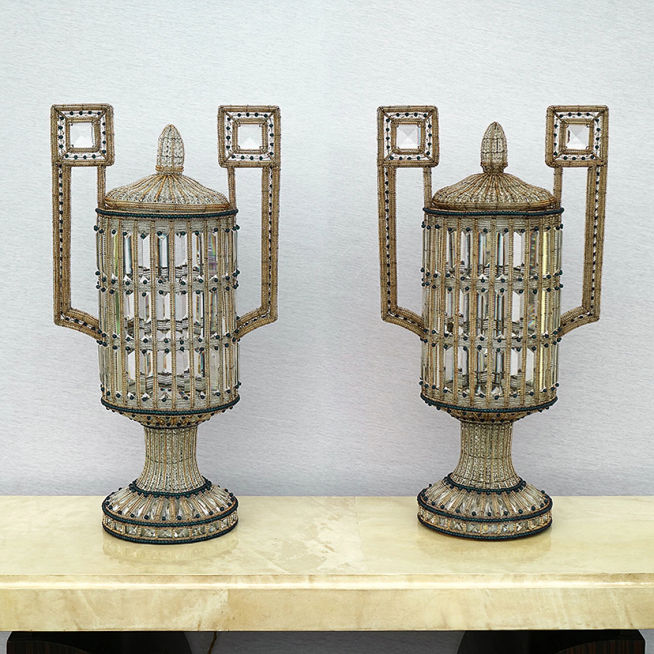 Pair of Art Déco table lamps in glass & metal, 1940s 1