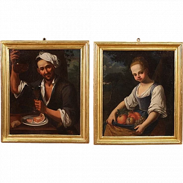 Pair of paintings of popular characters, oil on cavas, 18th century