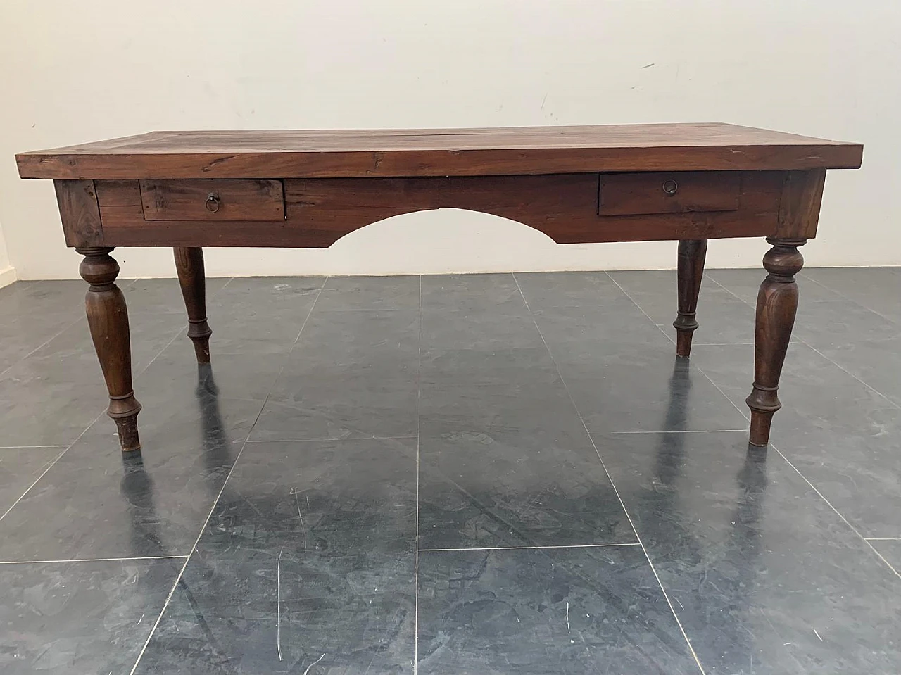 Teak desk with carved profile & two side drawers, 19th century 1