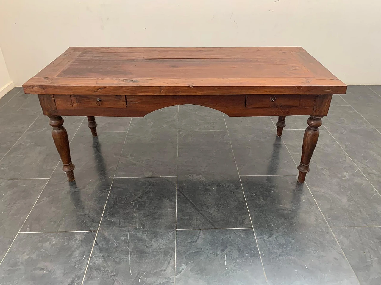 Teak desk with carved profile & two side drawers, 19th century 2