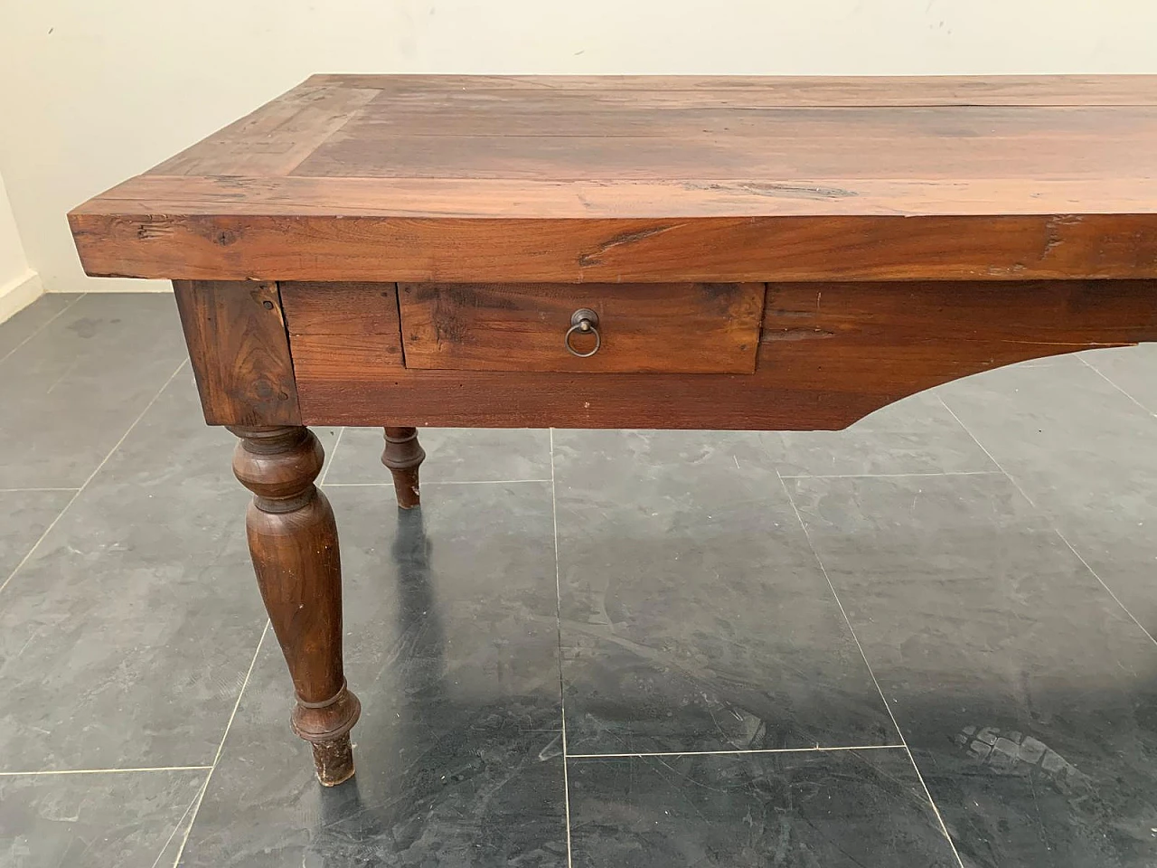 Teak desk with carved profile & two side drawers, 19th century 4