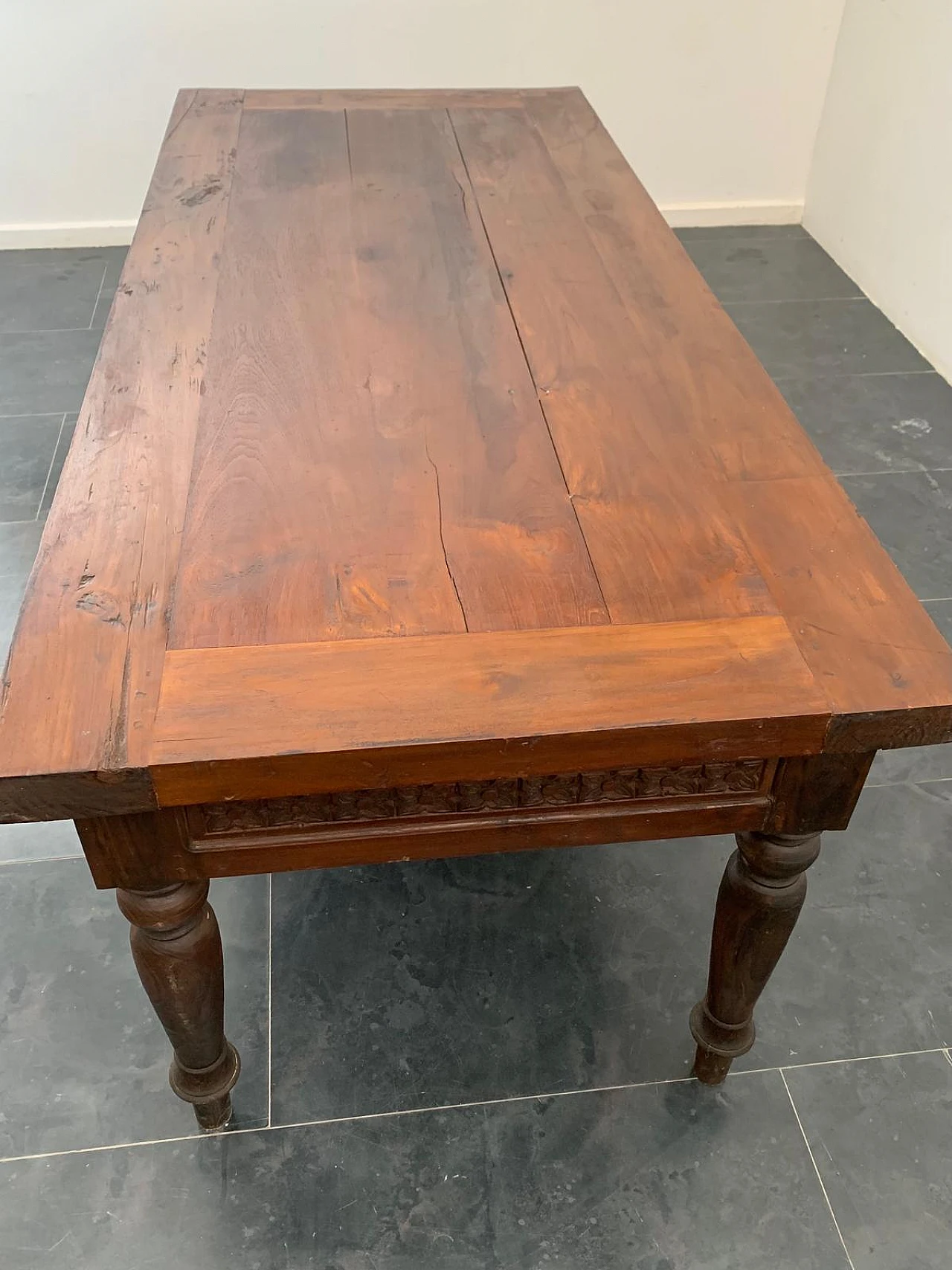 Teak desk with carved profile & two side drawers, 19th century 5