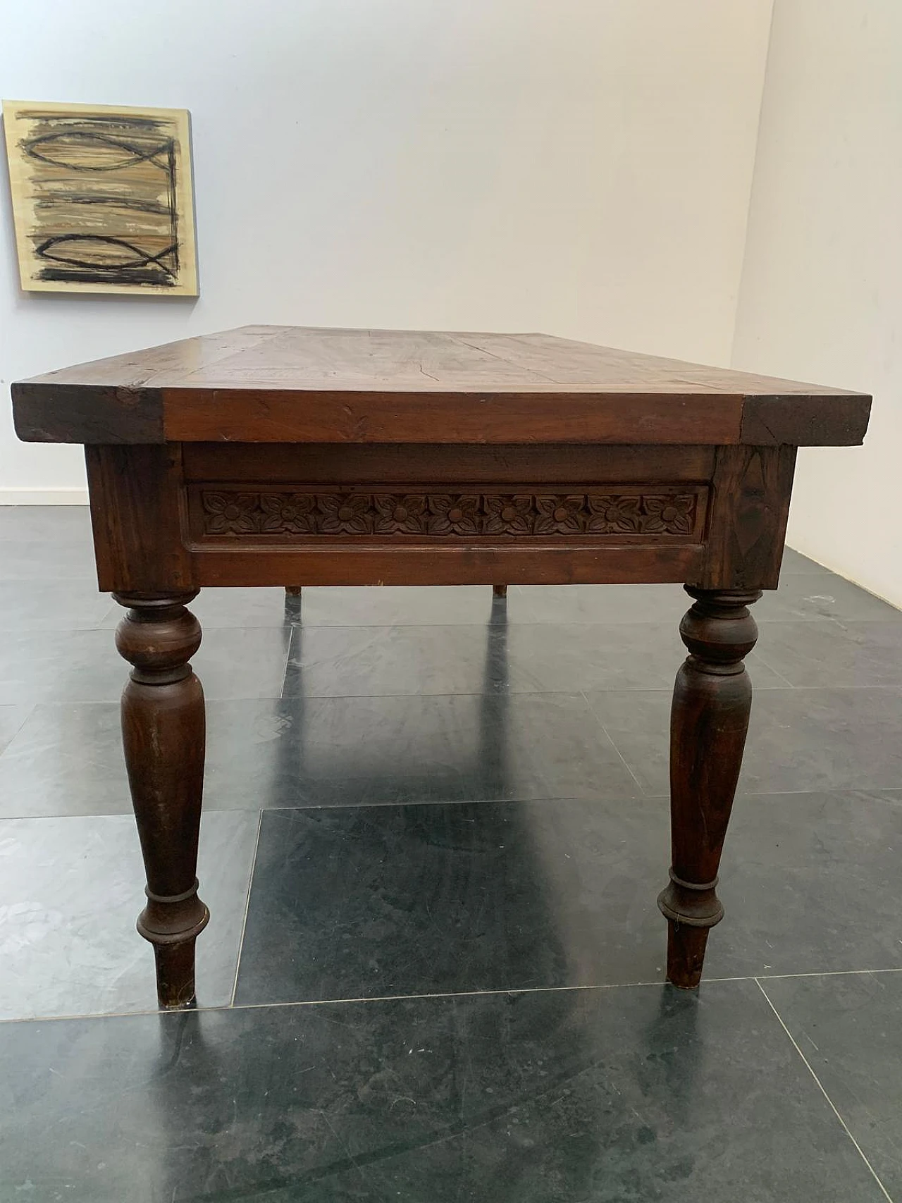 Teak desk with carved profile & two side drawers, 19th century 6