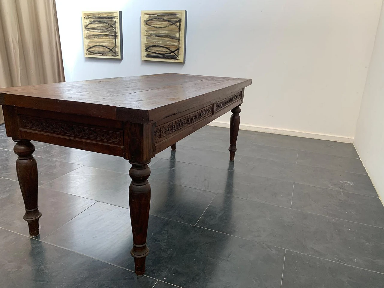 Teak desk with carved profile & two side drawers, 19th century 7