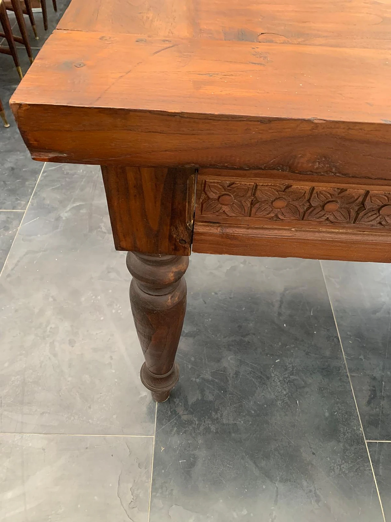 Teak desk with carved profile & two side drawers, 19th century 8