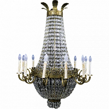 12-Light chandelier in gilded brass with crystal chains, 19th century