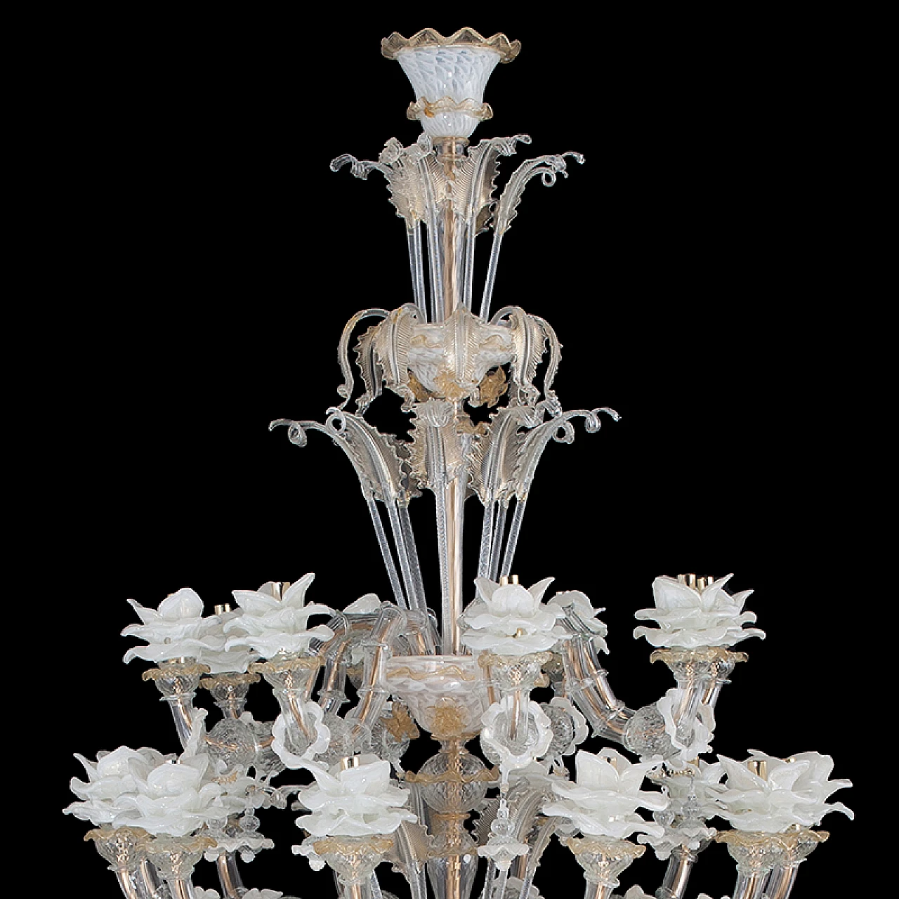 Rezzonico style chandelier in glass with floral & leaf motifs, 1940s 4