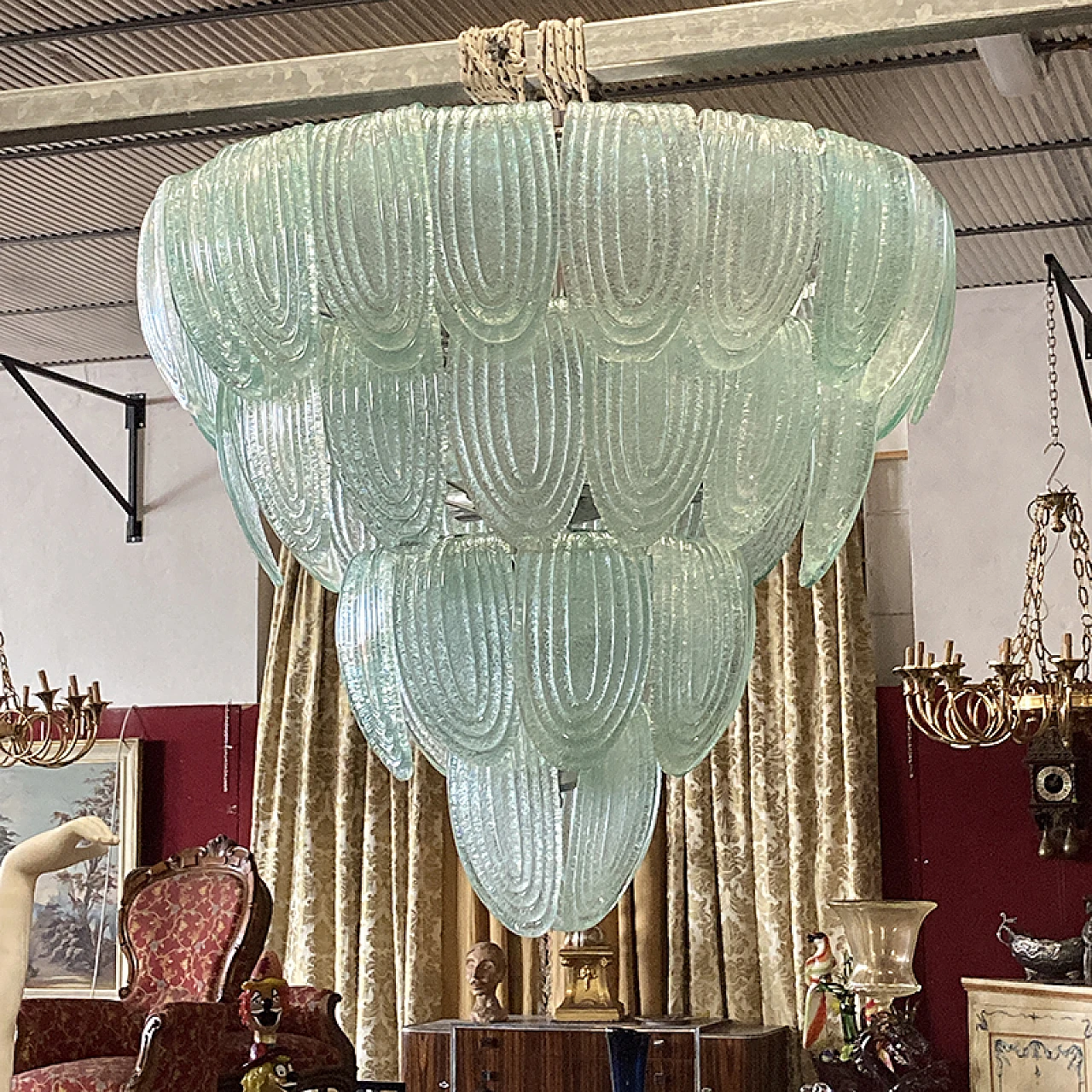 Green Murano glass ceiling lamp with metal structure, 1920s 2