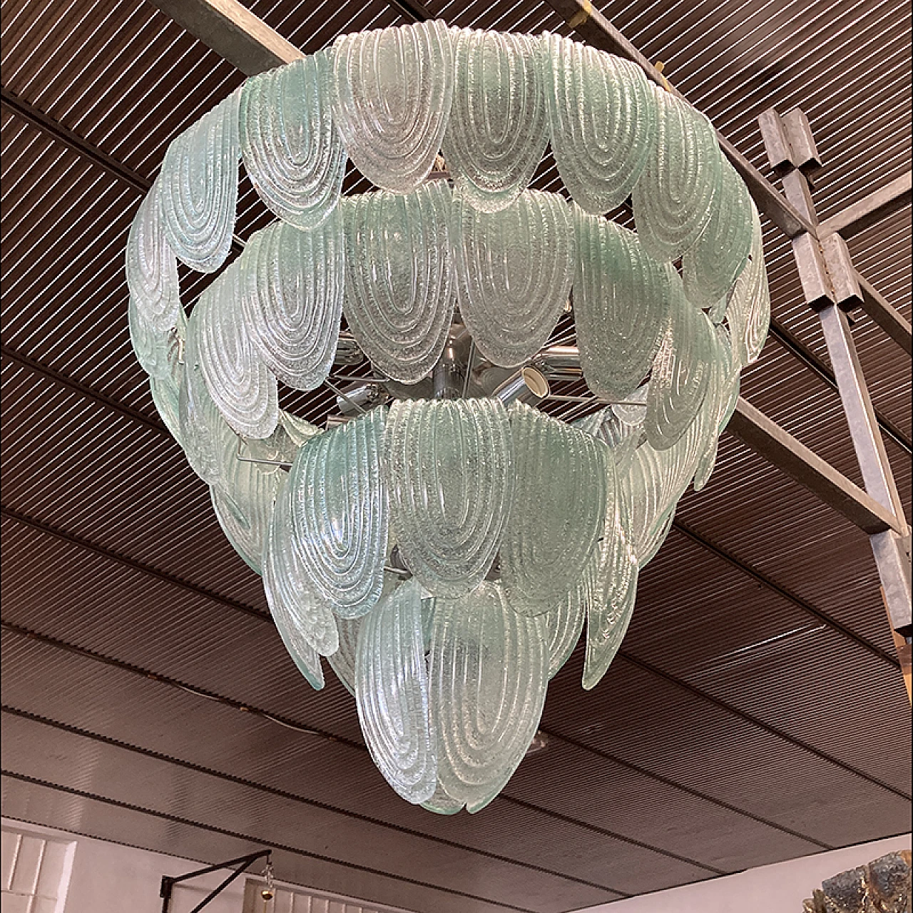 Green Murano glass ceiling lamp with metal structure, 1920s 3