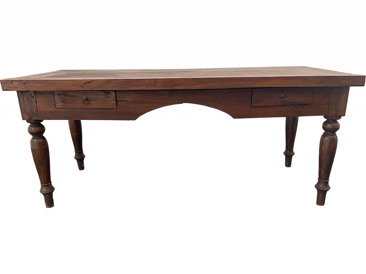 Teak desk with carved profile & two side drawers, 19th century 15